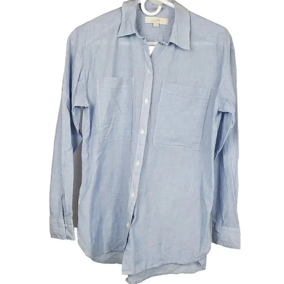 ANN TAYLOR LOFT Blue White Pinstripe Button‎ Up Contrasting Long Sleeved Shirt - Picture 1 of 11